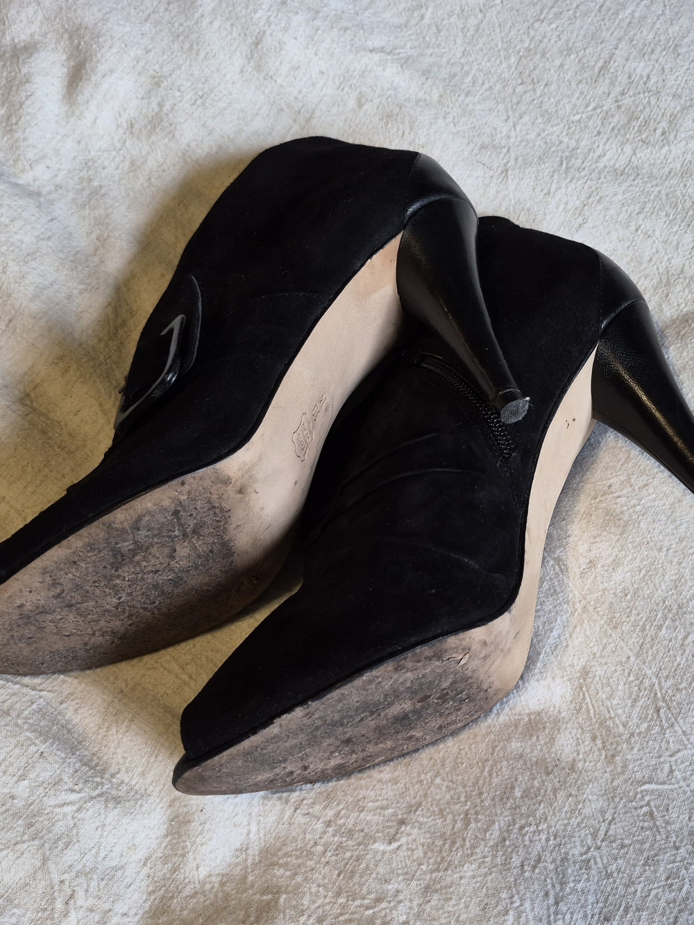 Women’s Black Suede Peep Toe Ankle Booties with Buckle - Picture 6 of 7
